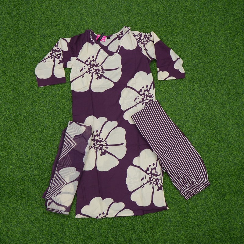 Purple and Cream Color Floral Printed 3-Piece Designer Dress
