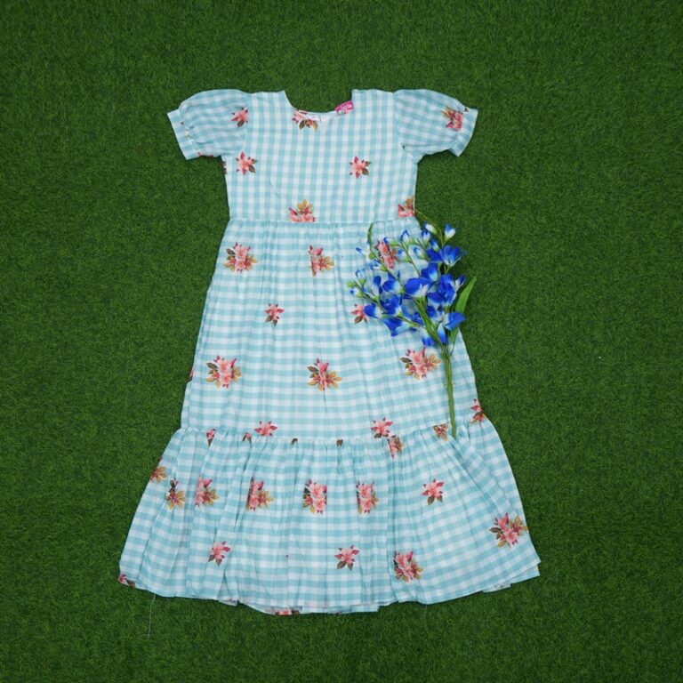 Sky Blue Color Checks Floral Printed Designer Long Frock