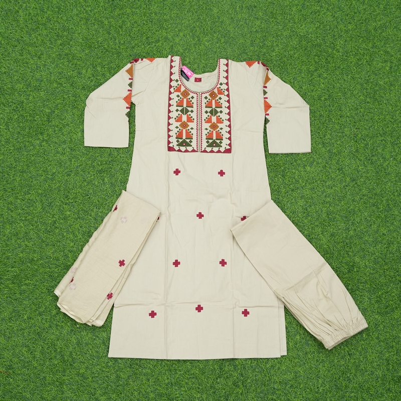 Cream Color Geometric Applique 3-Piece Cotton Designer Dress