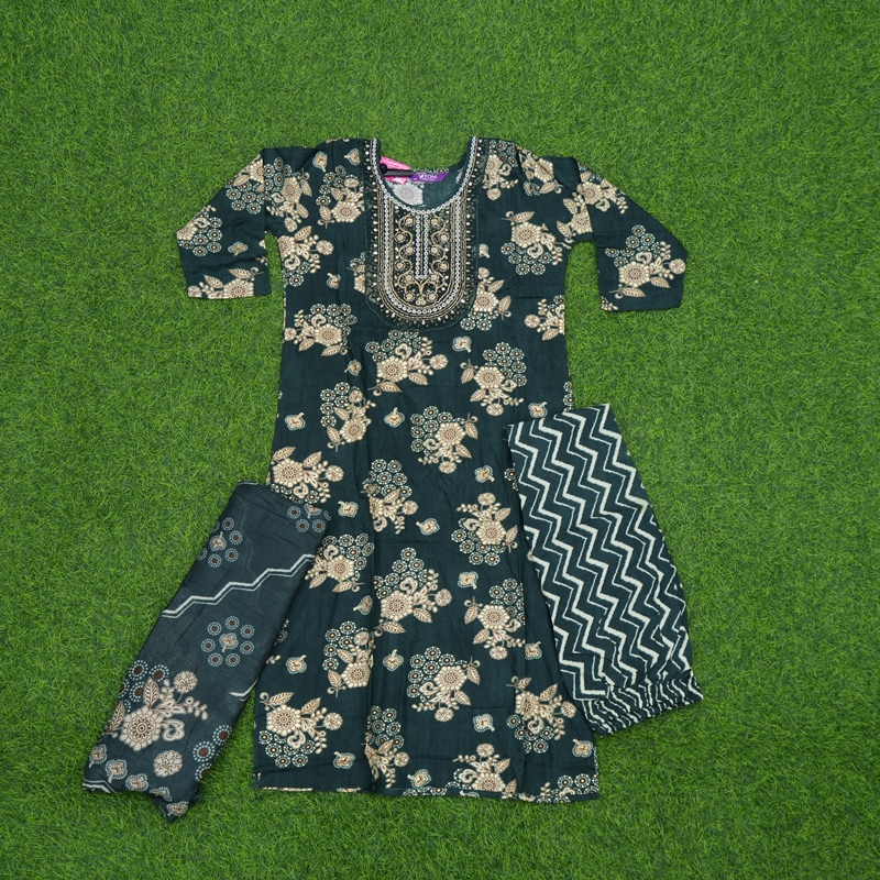 Bottle Green Color Floral Print Embroidered 3-Piece Cotton Designer Dress
