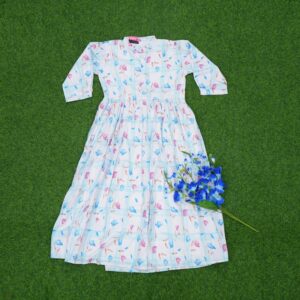 White and Light Blue Color Soft Cotton Floral Designer Long Frock