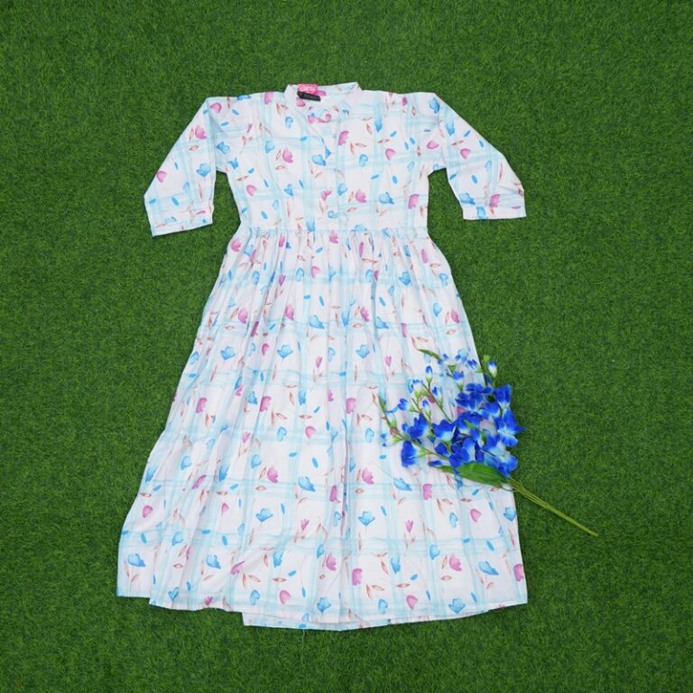 White and Light Blue Color Soft Cotton Floral Designer Long Frock