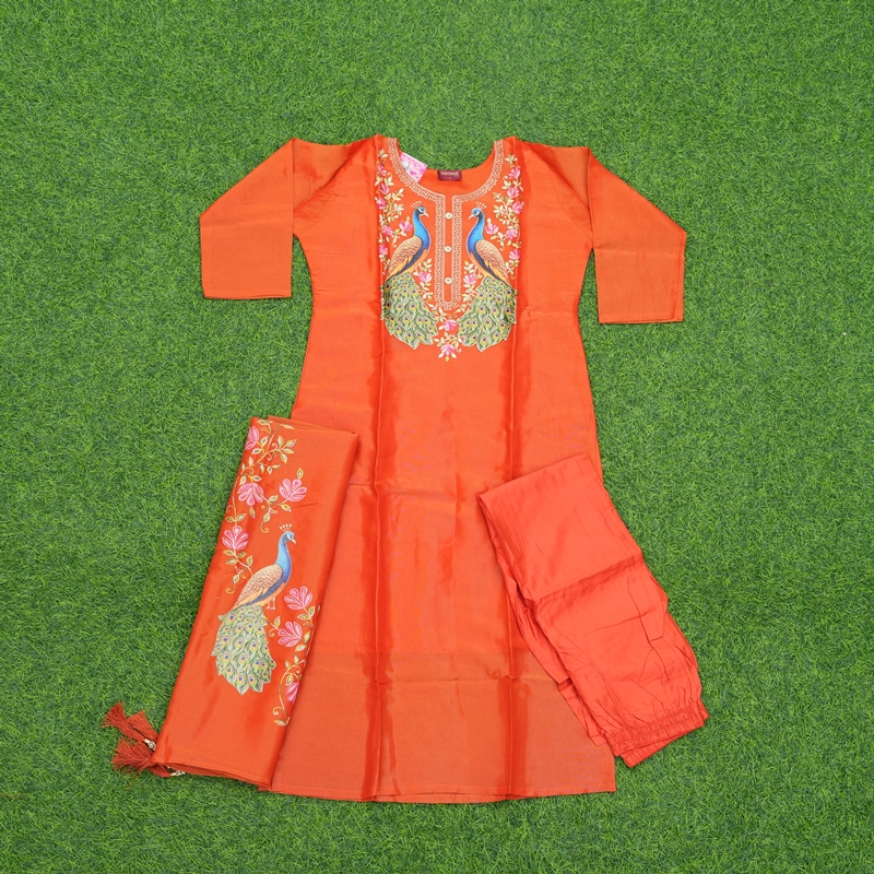 Orange Color Peacock Embroidered 3-Piece Silk Designer Dress