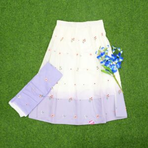 White and Lavender Color Floral Embroidered Cotton Half Saree