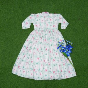 5 900 White and Light Green Color Soft Cotton Floral Designer Long Frock