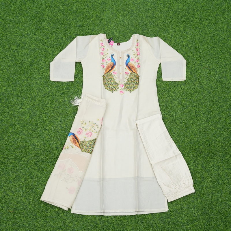 White Color Peacock Embroidered 3-Piece Silk Designer Dress