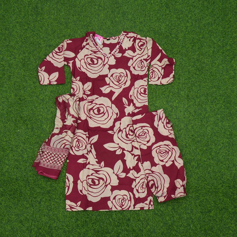 Maroon and Cream Color Rose Print 3-Piece Cotton Designer Dress
