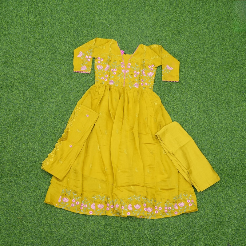 Mustard Yellow Color Floral Embroidered Georgette Anarkali 3-Piece Designer Dress