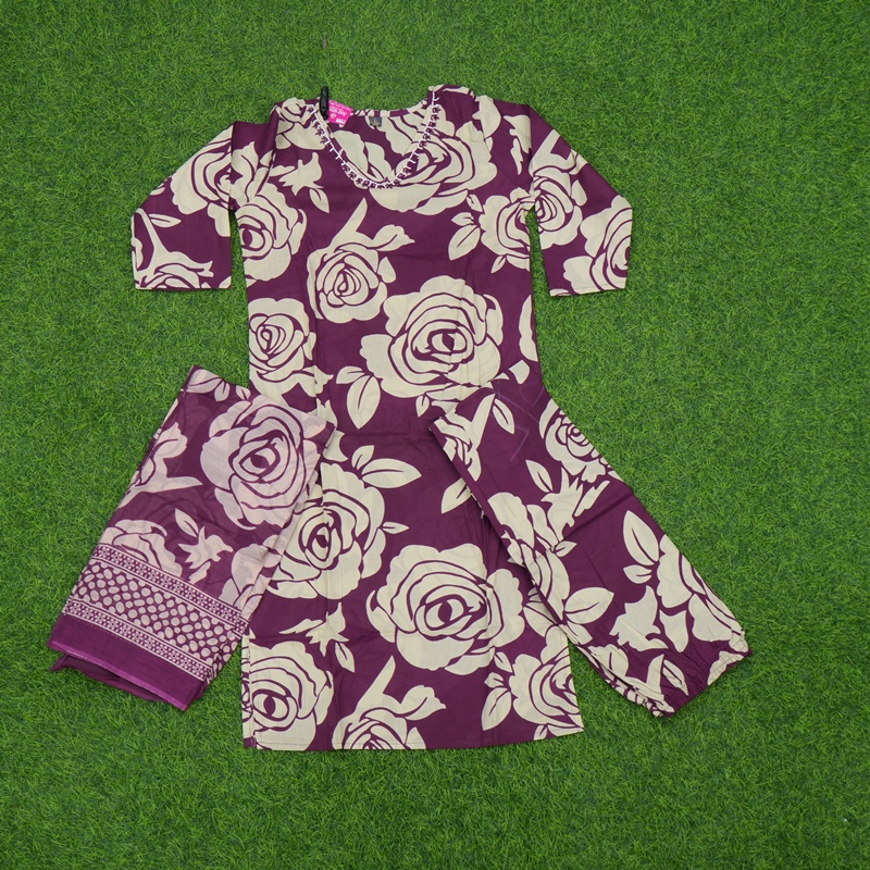 Purple and Cream Color Rose Print 3-Piece Cotton Designer Dress