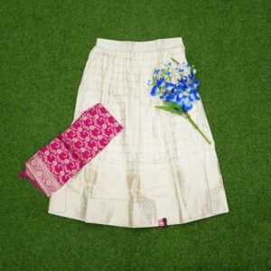 White and Rani Pink Color With Traditional Gold Floral Banarasi Half Saree