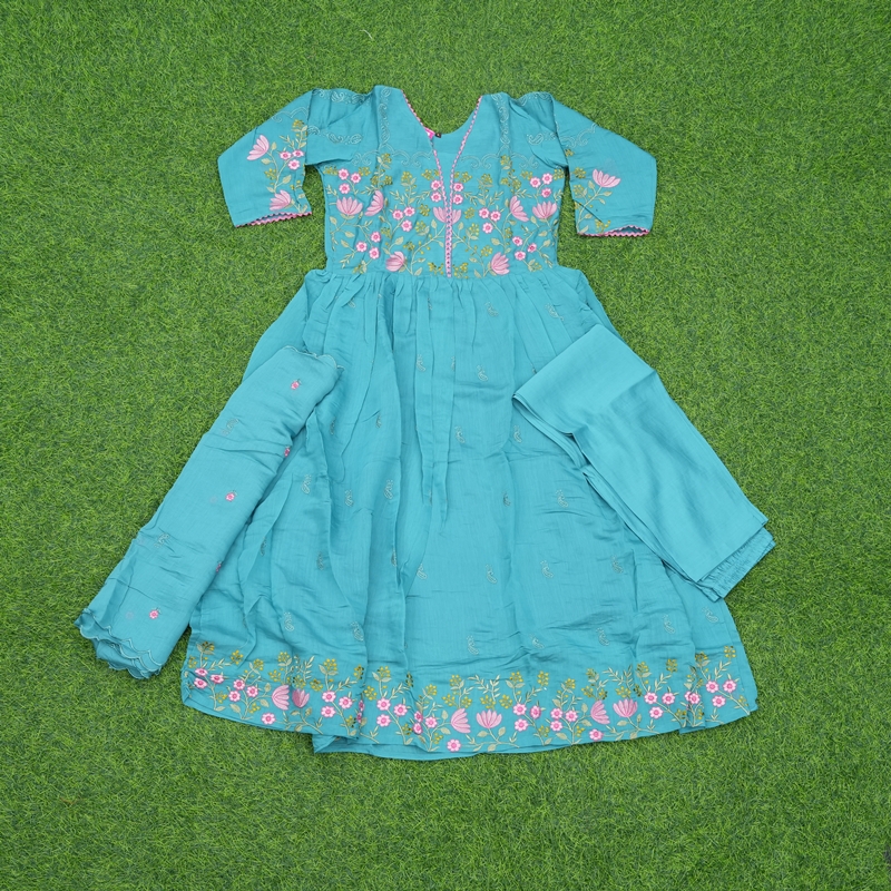 Teal Blue Color Floral Embroidered Georgette Anarkali 3-Piece Designer Dress