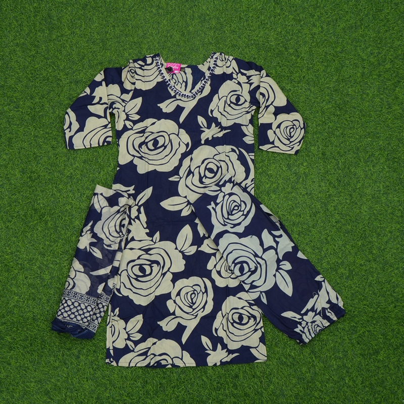 Navy Blue and Cream Color Rose Print 3-Piece Cotton Designer Dress