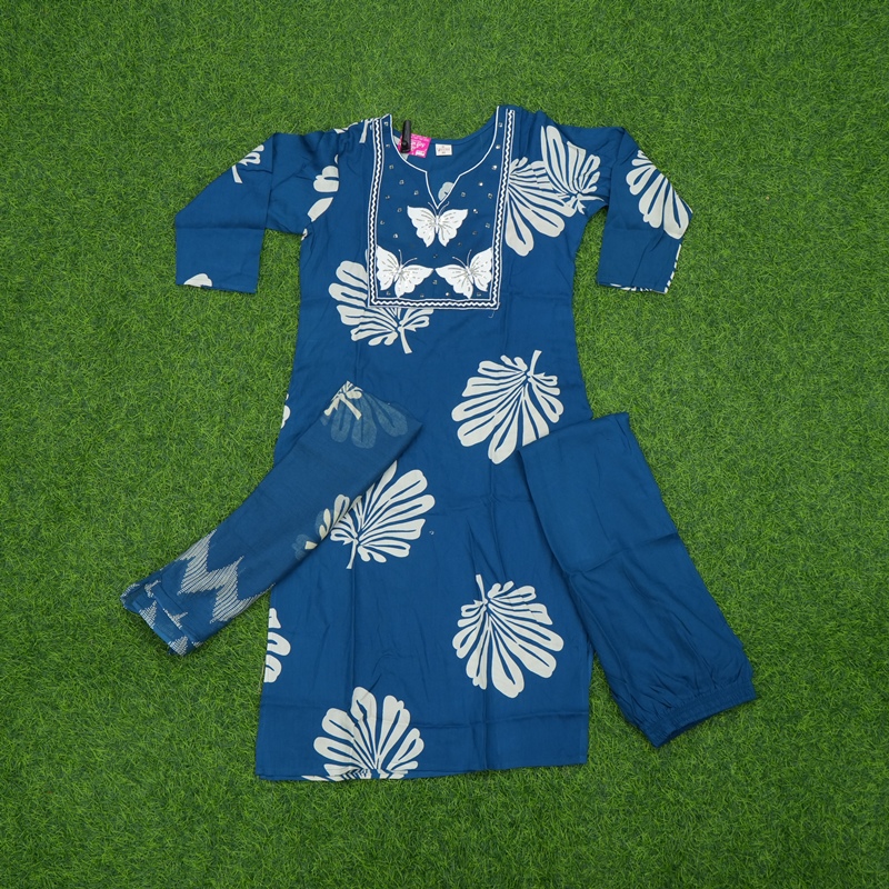 Indigo Blue Color Leaf and Butterfly Printed 3-Piece Designer Dress
