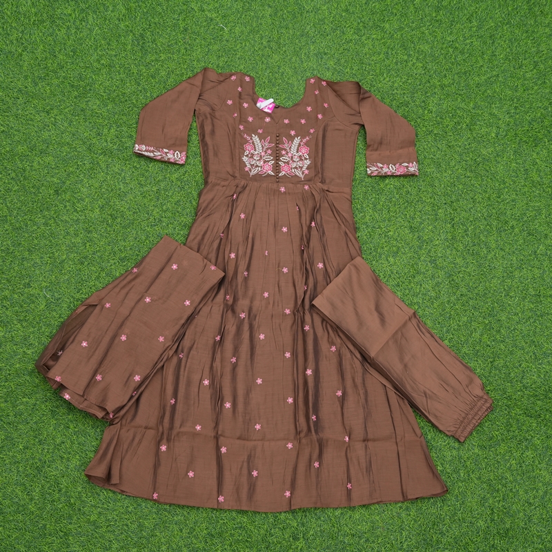 Brown Color Floral Embroidered Cotton Anarkali 3-Piece Designer Dress