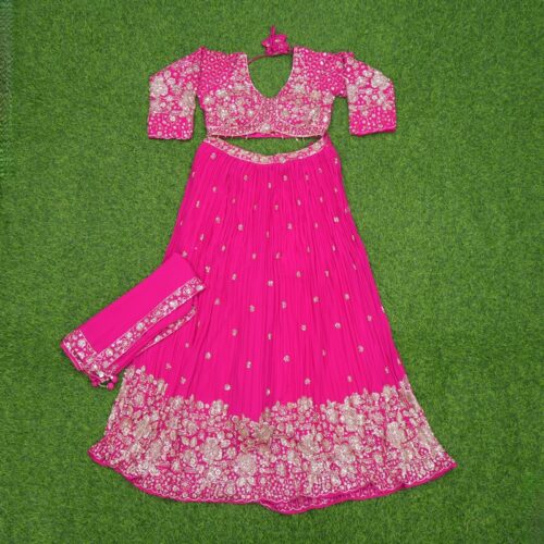 Rani Pink Color Silver Embroidered Georgette Designer Lehenga Set