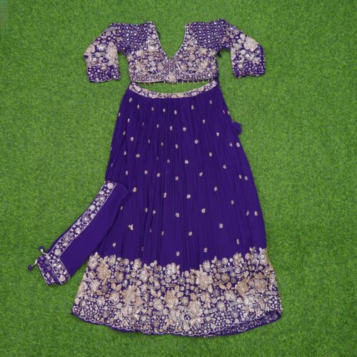 Purple Color Silver Embroidered Georgette Designer Lehenga Set