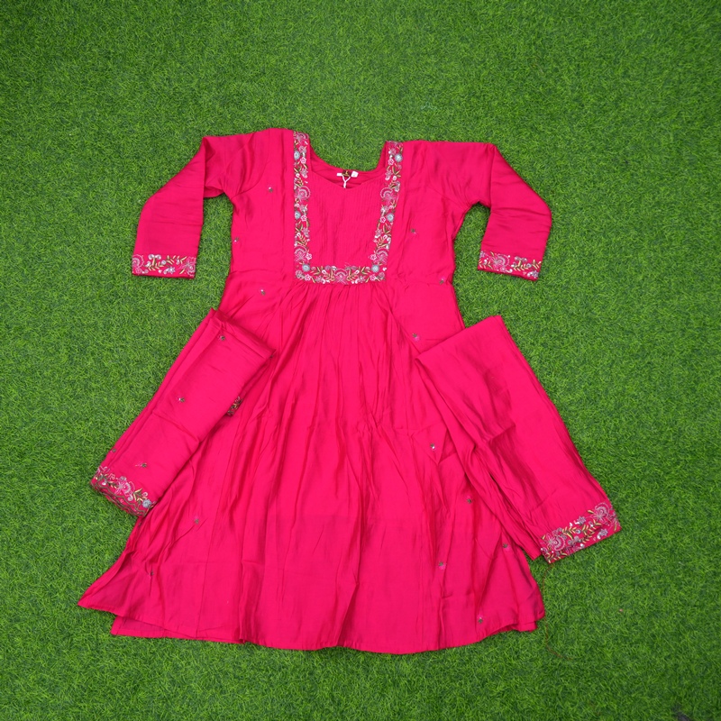 Rani Pink Color Traditional Embroidered Anarkali 3-Piece Designer Dress