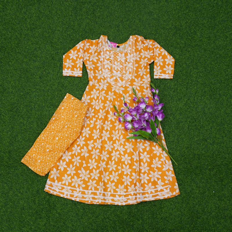 Yellow Color Bold Floral Printed Anarkali 2-Piece Designer Dress