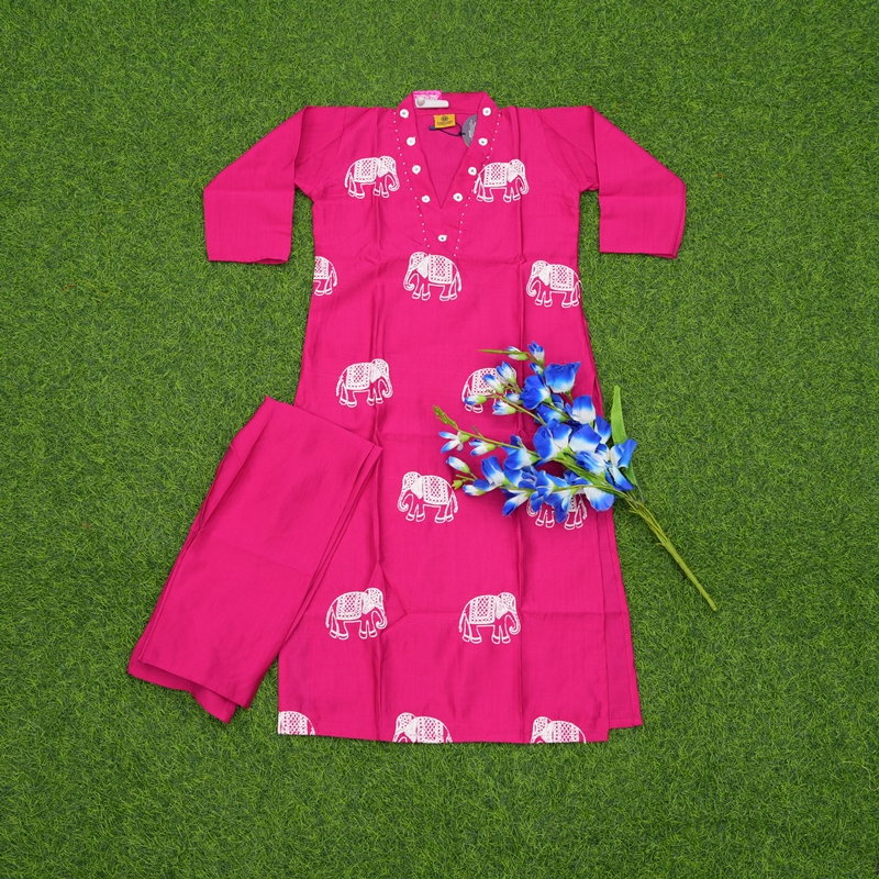 Rani Pink Color Elephant Print Embroidered 2-Piece Designer Dress