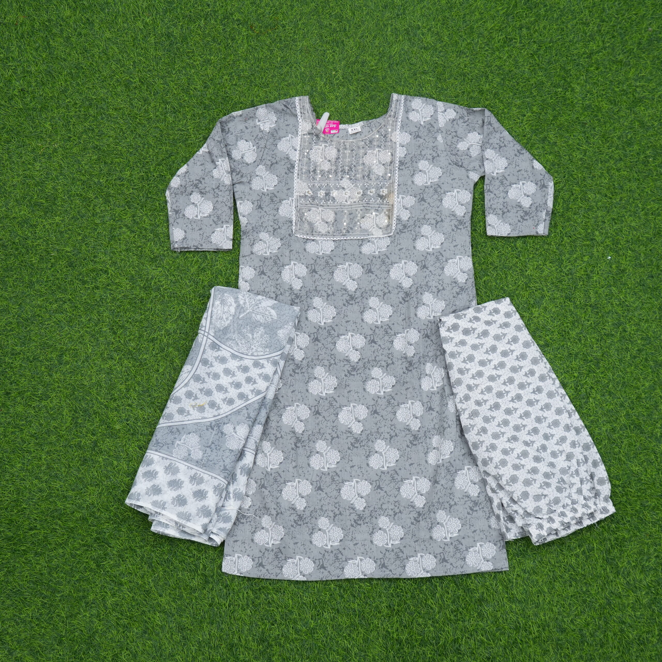 Grey Floral Printed Cotton 3 Piece Kurta Set with Dupatta