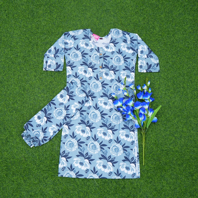 Blue Color Large Rose Floral Printed 2-Piece Designer Dress
