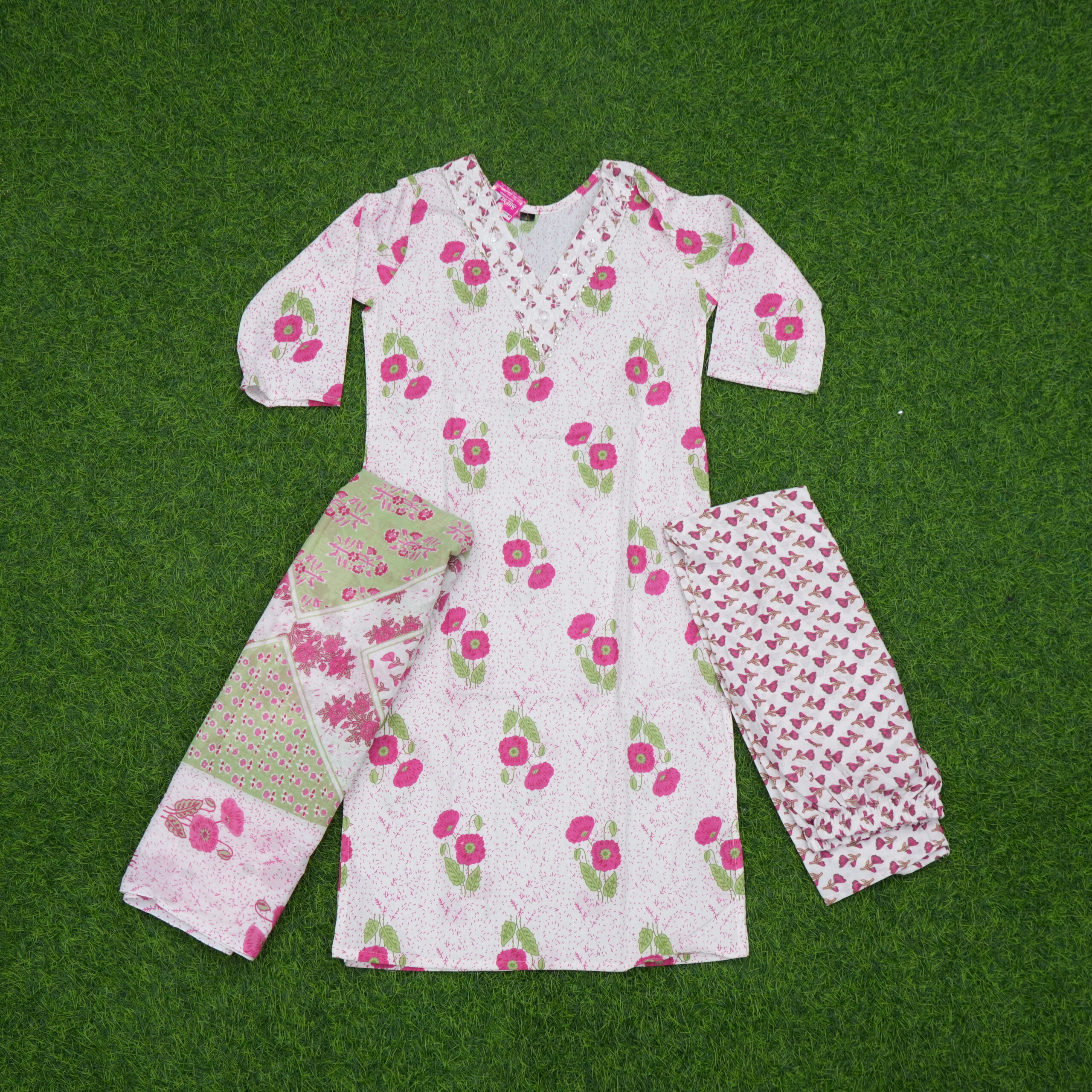 White & Pink Floral Printed Cotton 3 Piece Kurta Set with Dupatta