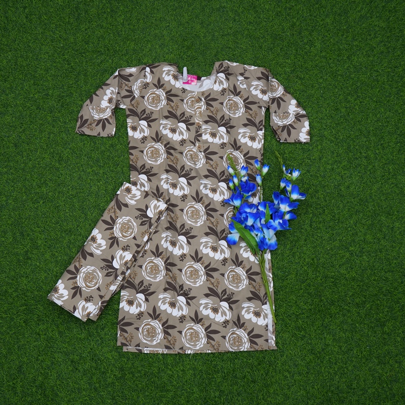 Light Brown Color Large Rose Floral Printed 2-Piece Designer Dress