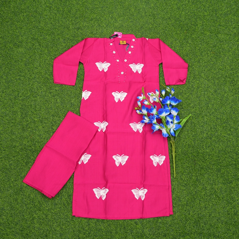 Rani Pink Color Butterfly Print 2-Piece Designer Dress