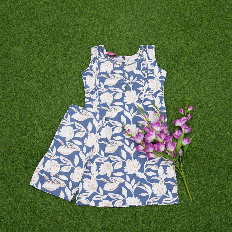 Indigo Blue Color Floral Print 2-Piece Designer Dress