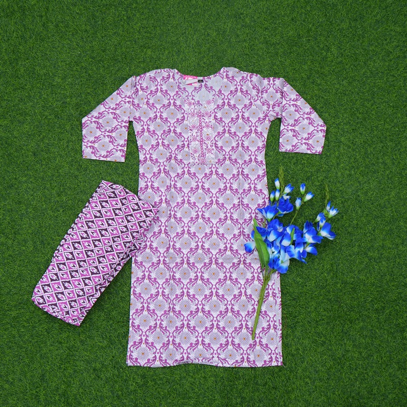 Lavender Color Jaipuri Printed 2-Piece Designer Dress