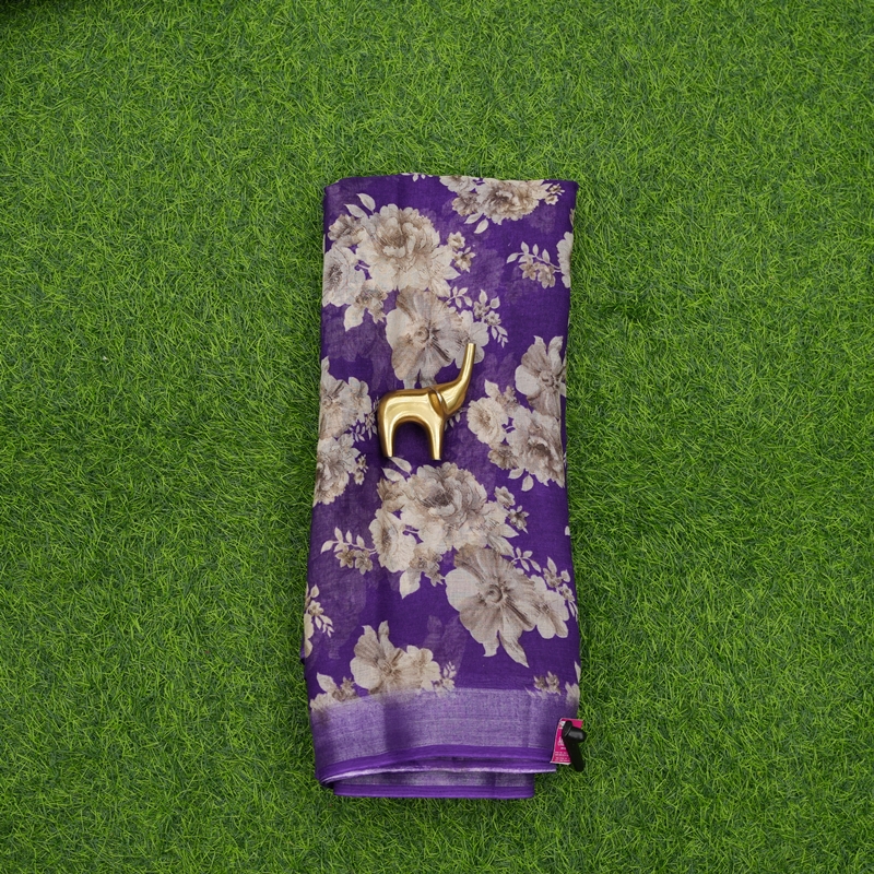 Violet Color Chiffon Georgette Floral Printed with Zari Border Saree