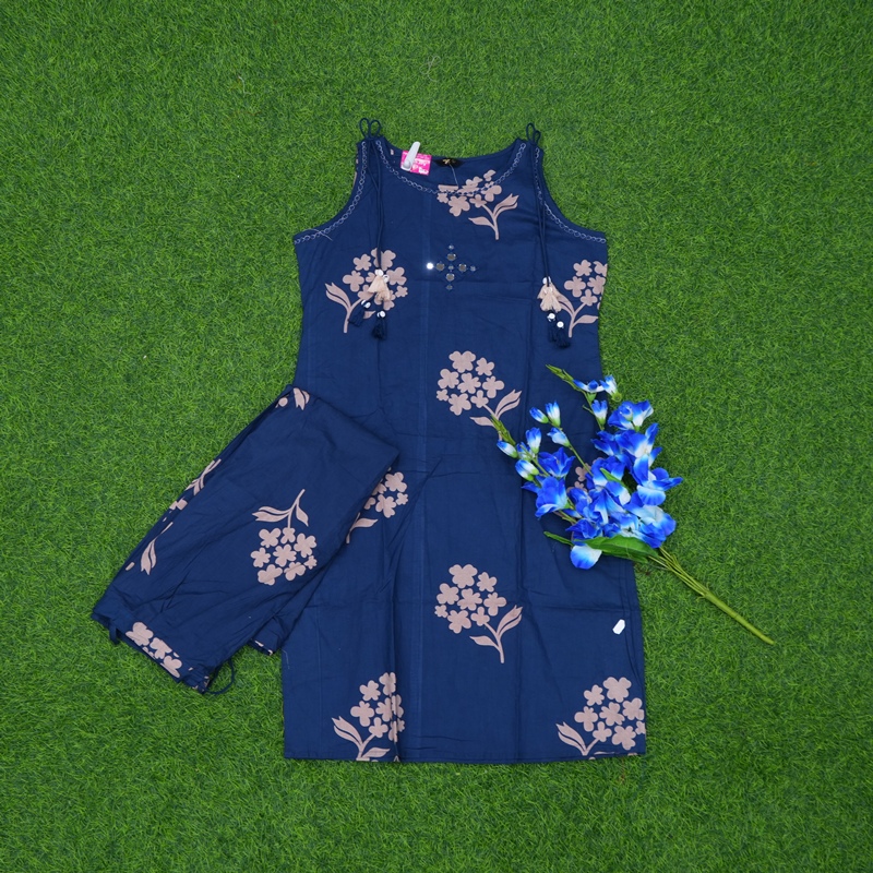 Navy Blue Color Floral Twig Printed 2-Piece Designer Dress