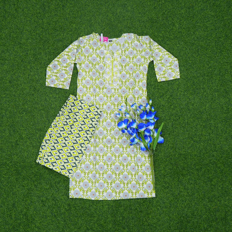 Lime Green Color Jaipuri Printed 2-Piece Designer Dress
