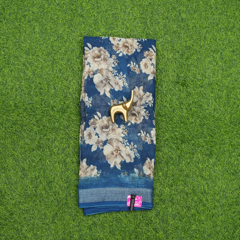 Indigo Blue Color Chiffon Georgette Floral Printed with Zari Border Saree