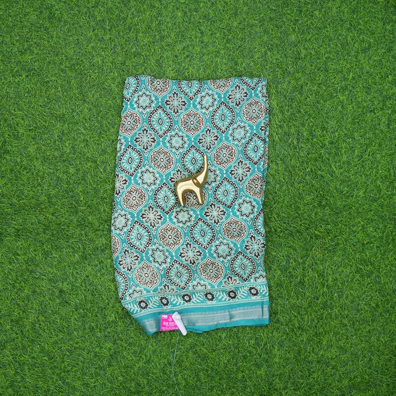 Sea Green Color Traditional Ajrakh Floral Print Saree