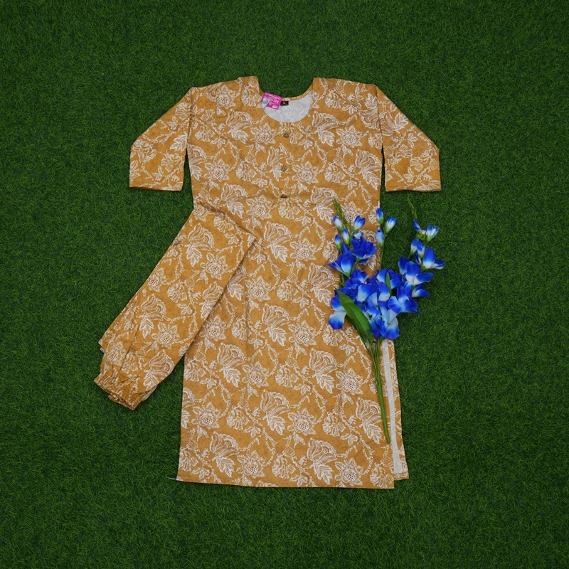 Mustard Yellow Color Jaipuri Floral Printed 2-Piece Designer Dress