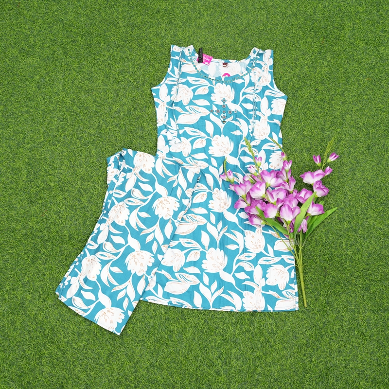 Sea Green Color Floral Print 2-Piece Designer Dress