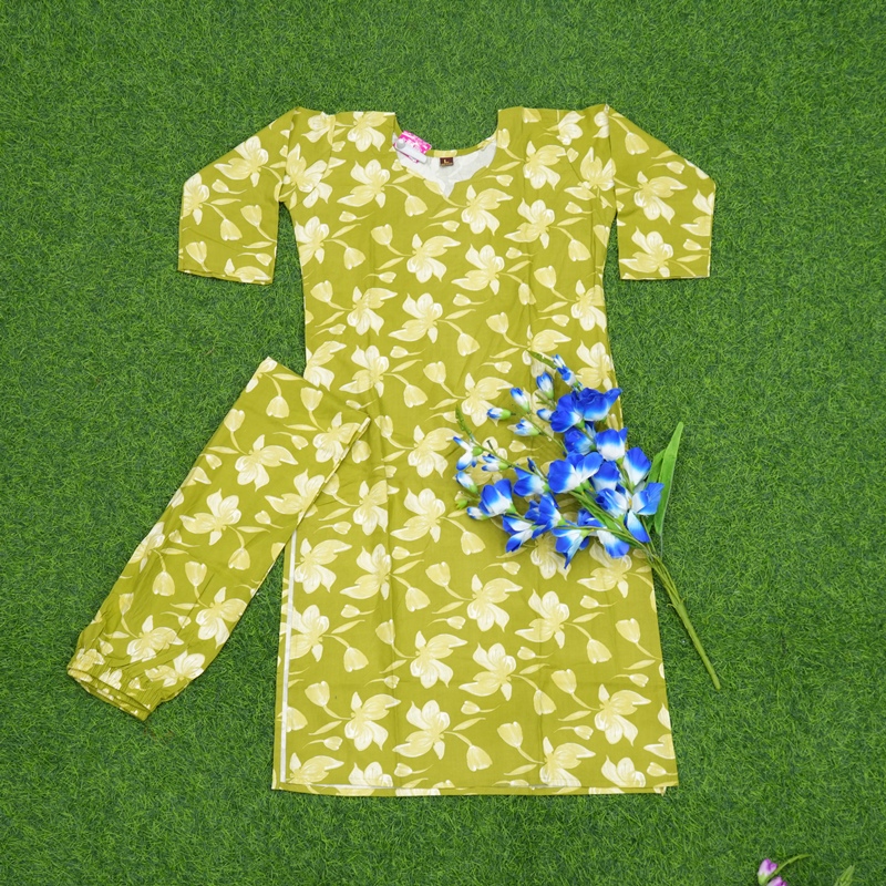 Parrot Green Color Floral Print 2-Piece Designer Dress