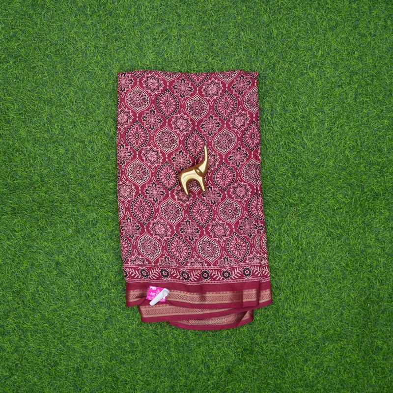 Wine Color Traditional Ajrakh Floral Print Saree