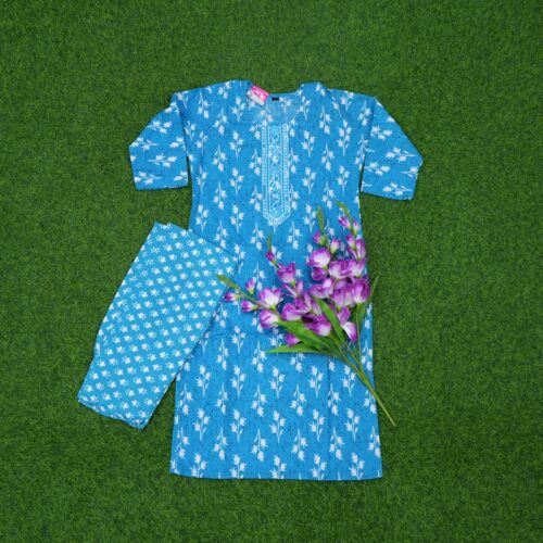 Turquoise Blue Color Floral Twig Printed 2-Piece Designer Dress