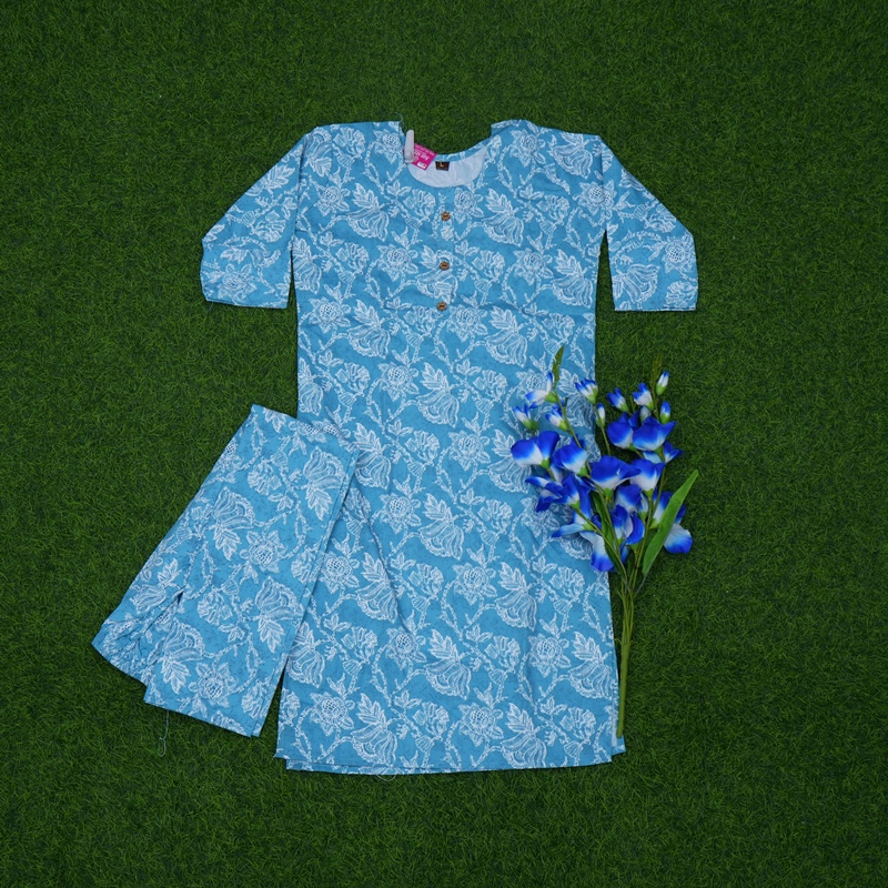 Sky Blue Color Jaipuri Floral Printed 2-Piece Designer Dress