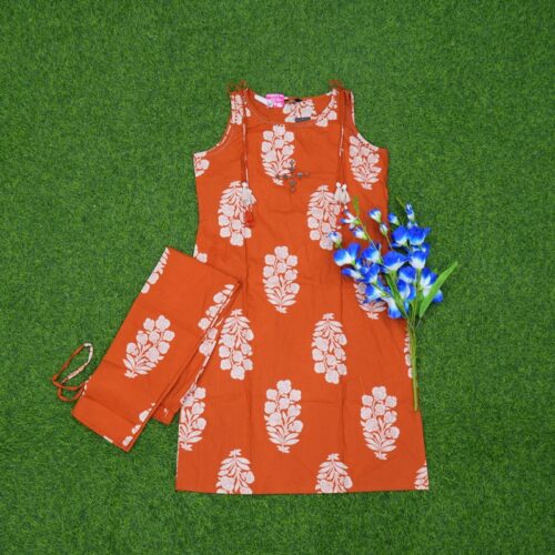 Orange Color Floral Boota Printed 2-Piece Designer Dress