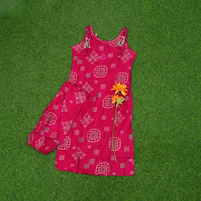 Rani Pink Color Geometric Block Print Designer Dress