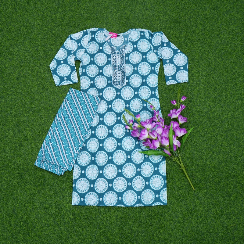 Teal Blue Color Mandala Jaipuri Printed 2-Piece Designer Dress