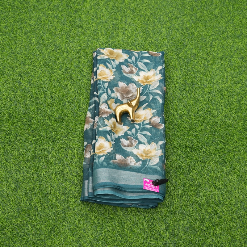 Teal Green Color Chiffon Georgette Floral Printed with Zari Border Saree
