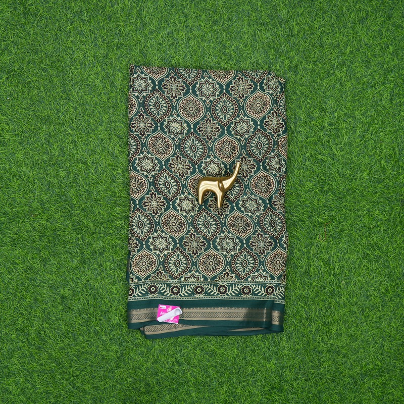 Green Color Traditional Ajrakh Floral Print Saree