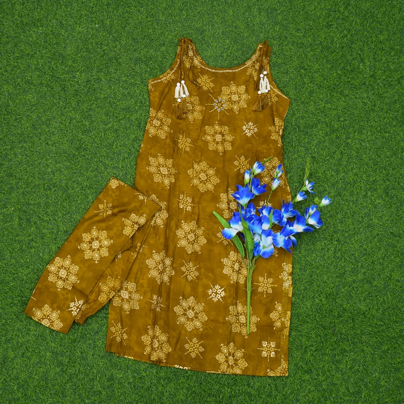 Mehendi Green Color Geometric Block Print Designer Dress