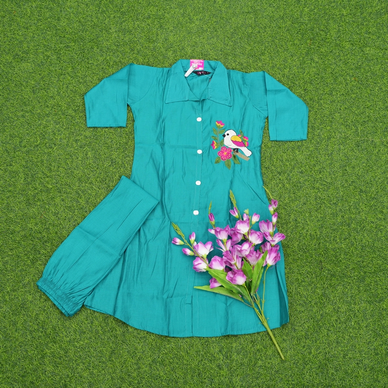 Turquoise Color Bird Embroiderd Designer 2-Piece Co-Ord Set