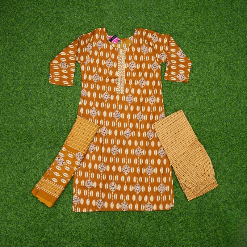 Mustard Yellow Color Geometric Ikat Print 3-Piece Designer Dress