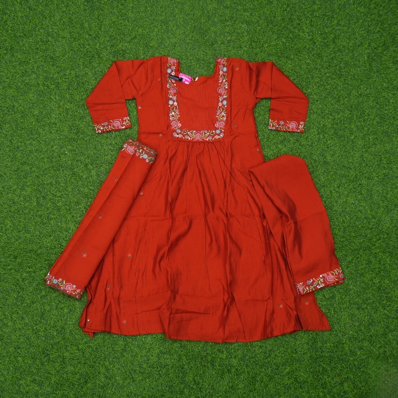 Rust Orange Color Traditional Embroidered Anarkali 3-Piece Designer Dress